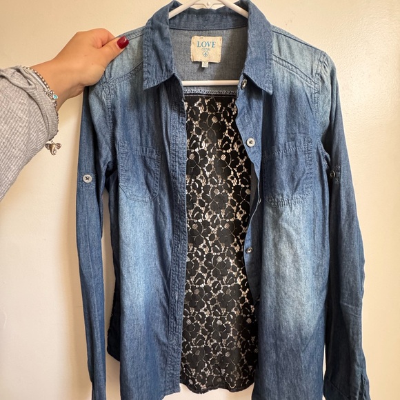 NWOT Lace Back Denim Button Down Shirt - Picture 2 of 5